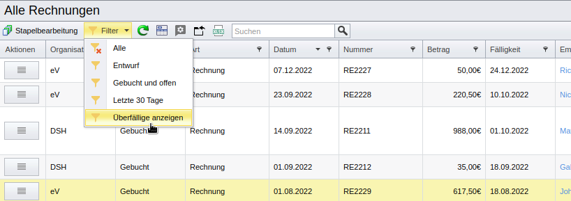 Übersicht aller Rechnungen mit Spalte „Fälligkeit“ und Filter „Überfällige anzeigen“