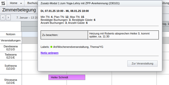 Tooltip im Zimmerkalender für einen Veranstaltungstermin mit Extrafeld