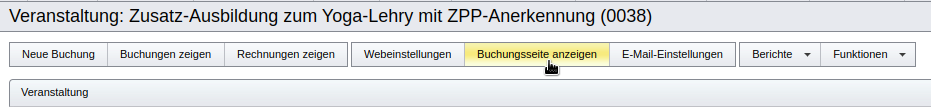 Funktion „Buchungsseite anzeigen“ im Menü für Einstellungen und Funktionen einer Veranstaltung