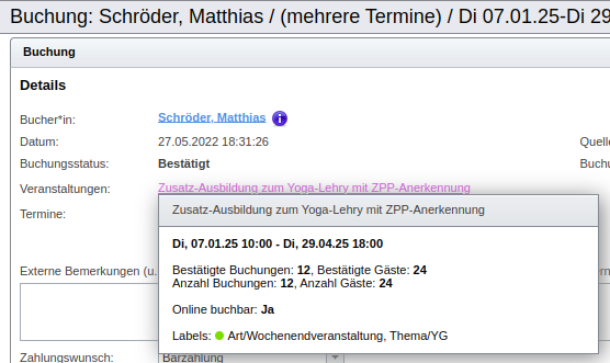 Veranstaltungs-Statistiken in der Detailansicht einer Buchung