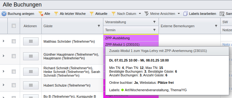 Veranstaltungstermin-Statistiken in der Liste aller Buchungen