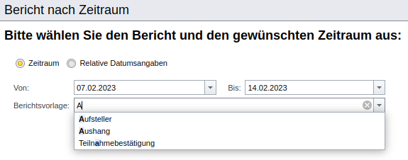 Suche und Auswahl der Berichtsvorlage für einen Bericht nach Zeitraum