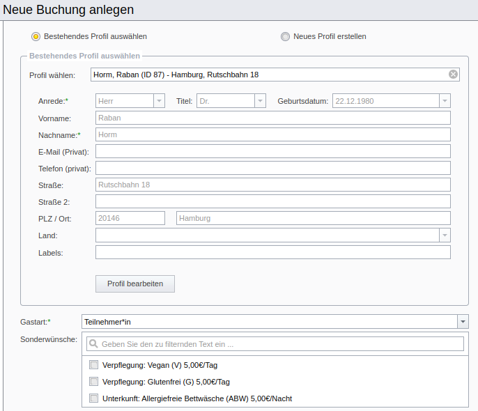 SeminarDesk Buchung anlegen: Daten zum Bucher bzw. zur Bucherin