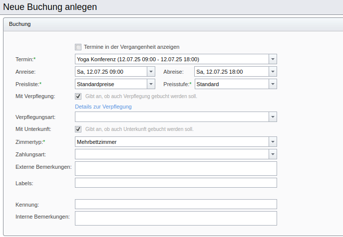 SeminarDesk Buchung anlegen: Termin, Preise, Verpflegung, Unterkunft...