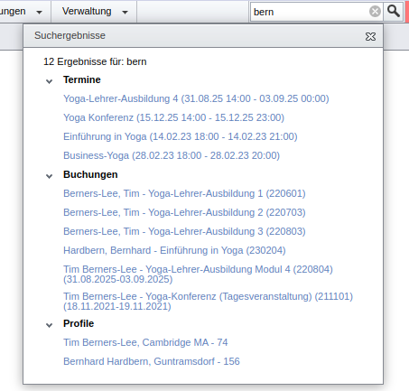 SeminarDesk Navigation: Globale Suche