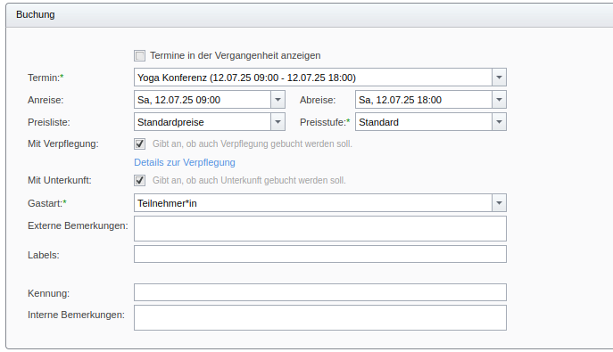 Veranstaltungstermin und Buchungsdetails für neue Gruppen-Buchung angeben