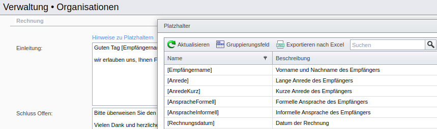 Rechnungstexte mit Hinweisen zu Platzhaltern