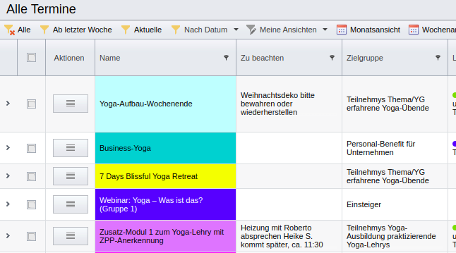 Terminübersicht mit Extrafeldern für Veranstaltungen und Termine