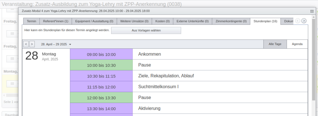 SeminarDesk Stundenplan eines Veranstaltungstermins (Agenda-Ansicht)