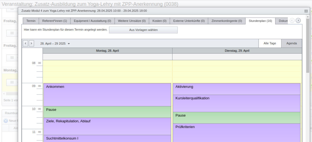 SeminarDesk Stundenplan eines Veranstaltungstermins (Tagesansicht)