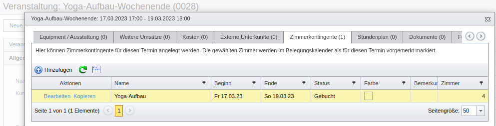 SeminarDesk Zimmerkontingente eines Veranstaltungstermins