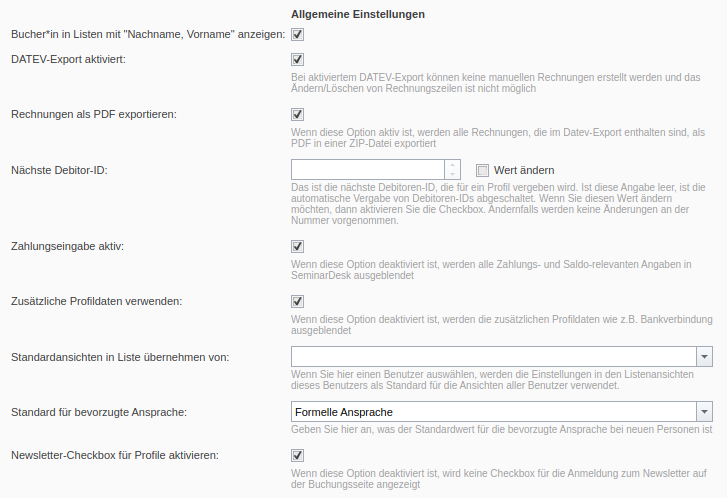 Allgemeine Einstellungen mit DATEV-Export und PDF-Export aktiviert