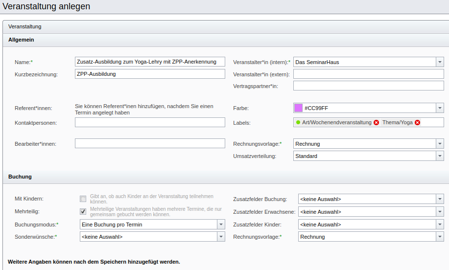SeminarDesk Veranstaltung anlegen: Beispielhaft gefüllte Eingabemaske für allgemeine Daten einer Veranstaltung und späterer Buchungen