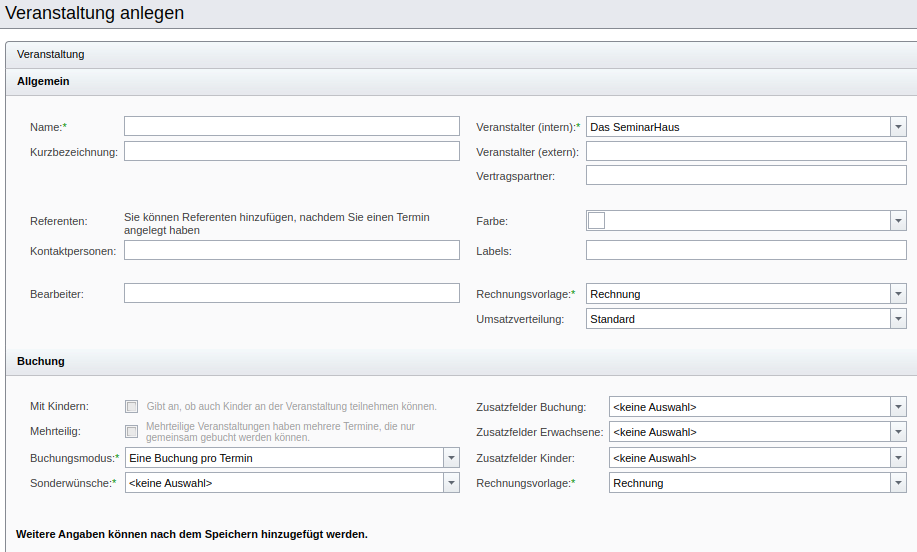 SeminarDesk Veranstaltung anlegen: Eingabemaske für allgemeine Daten der Veranstaltung und späterer Buchungen
