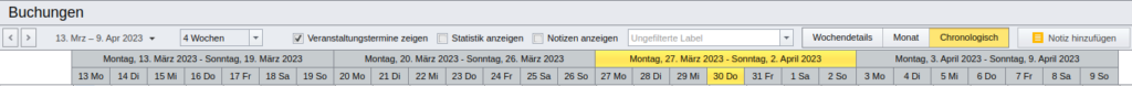 Kopfzeilen von SeminarDesk Kalenderansichten im Modus „Chronologisch“