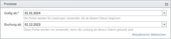 Bearbeiten des Gültigkeitsbeginns einer Preisliste