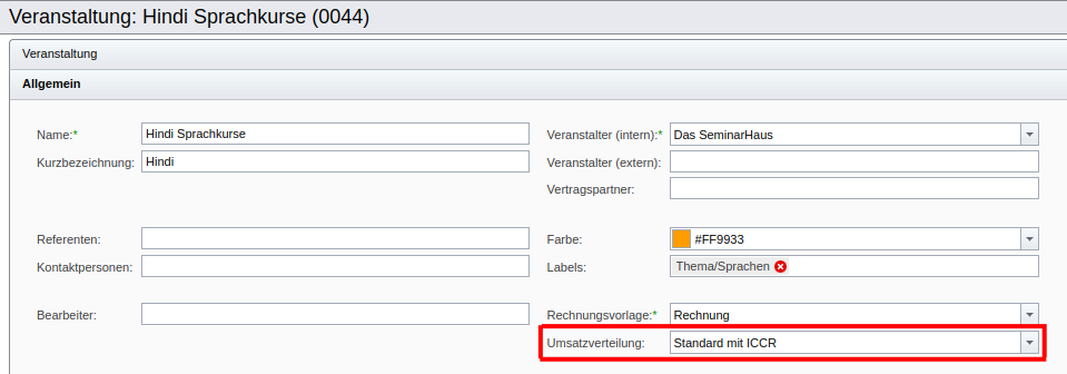 Standard-Umsatzverteilung einer Veranstaltung ab SeminarDesk Update März 2023